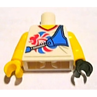 white torso v-neck shirt with team gb logo and blue bow holder pattern yellow arms yellow hand right black hand left