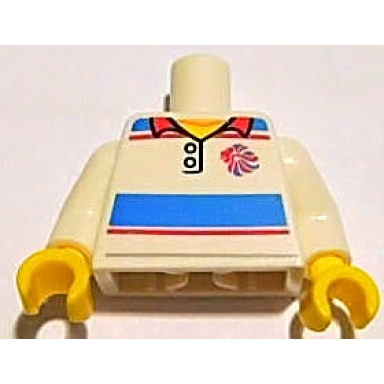 white torso polo shirt with red and blue stripes and team gb logo pattern white arms yellow hands