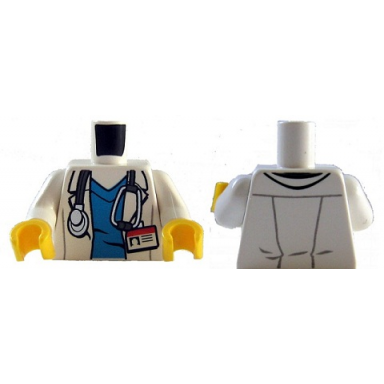 white torso hospital lab coat dark azure scrubs id badge and stethoscope pattern white arms yellow hands