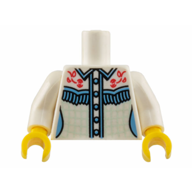 white torso female western shirt with medium blue buttons fringe and trim light aqua grid and stitched red roses pattern white arms yellow hands