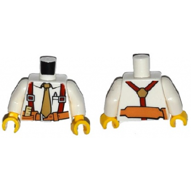 white torso shirt with tan tie red suspenders brown belt with pocket with ruler pattern white arms yellow hands