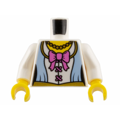white torso female corset top with bright light blue panels and gold trim dark pink bow and laces bead necklace yellow neck pattern white arms yellow hands