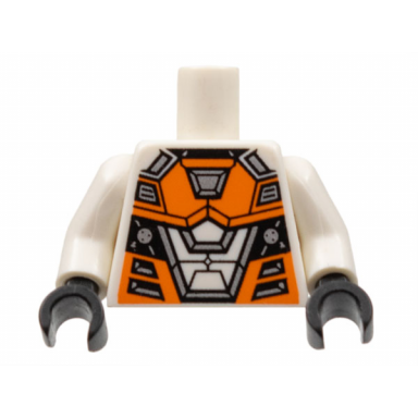 white torso space with orange and silver battle mech pattern white arms black hands