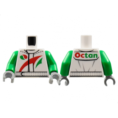 white torso octan logo jacket with red and green stripe pattern green arms dark bluish gray hands