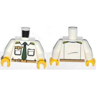 white torso airplane pilot shirt with dark green tie belt epaulettes and gold logo pin pattern white arms yellow hands