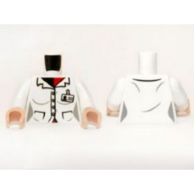 white torso batman female lab coat with 4 buttons and id badge pattern white arms light nougat hands
