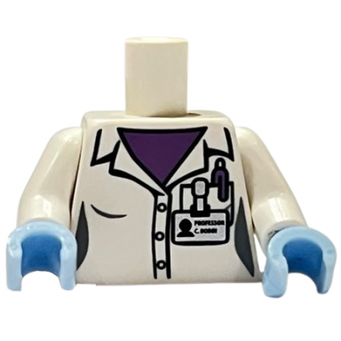 white torso female lab coat medium lavender shirt and pen professor c bodin name tag pattern white arms bright light blue hands