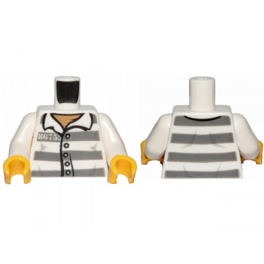 white torso town prisoner number 86753 dark bluish gray stripes buttons dark tan undershirt pattern white arms yellow hands