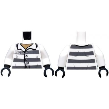 white torso town prisoner number 86753 dark bluish gray stripes buttons dark tan undershirt pattern white arms black hands