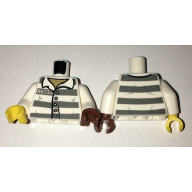 white torso town prisoner number 86753 dark bluish gray stripes buttons dark tan undershirt pattern white arms reddish brown hand left yellow hand right