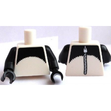 white torso black upper chest and upper back with zipper pattern black arms black hands