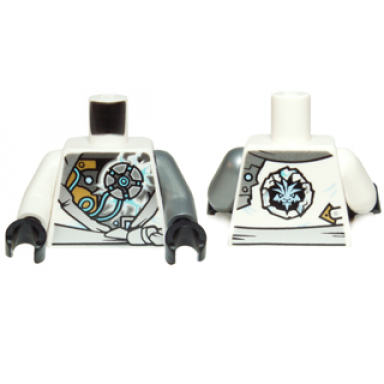 white torso ninjago robe with exposed mechanical parts and ice power emblem pattern flat silver arm left white arm right black hands