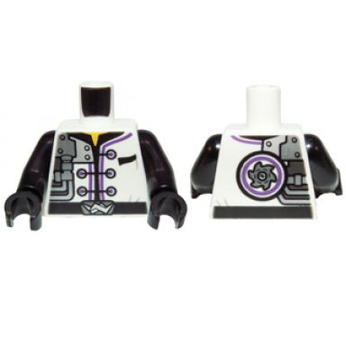 white torso ninjago robe with three black clasps mechanical parts and silver saw blade pattern black arms black hands