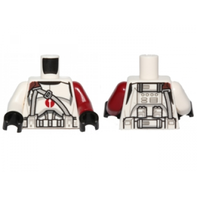 white torso sw armor clone trooper with dark red center emblem gray vertical and diagonal belts pattern dark red arm left white arm right black hands