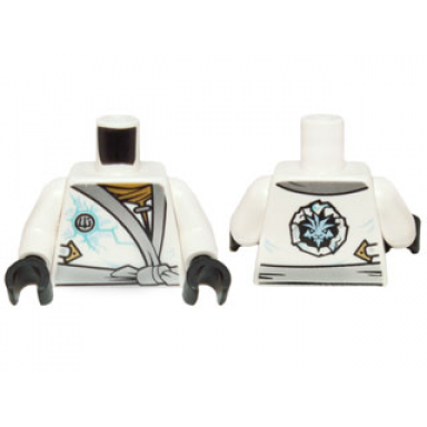 white torso ninjago robe with silver sash and ice power emblem pattern white arms black hands