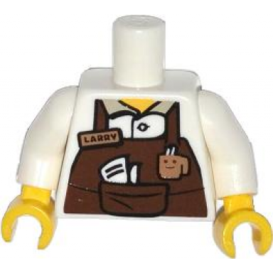 white torso reddish brown apron with cup and larry name tag pattern white arms yellow hands