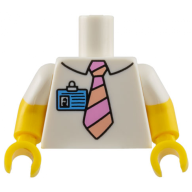 white torso simpsons shirt with collar bright pink and light nougat striped tie medium blue id badge pattern yellow arms with molded white short sleeves pattern yellow hands