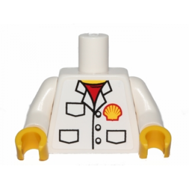 white torso shirt with pockets buttons red undershirt and shell logo pattern sticker white arms yellow hands