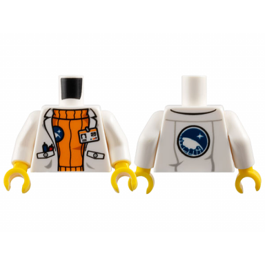 white torso lab coat with pockets and id badge over orange sweater arctic explorer logo on reverse pattern white arms yellow hands