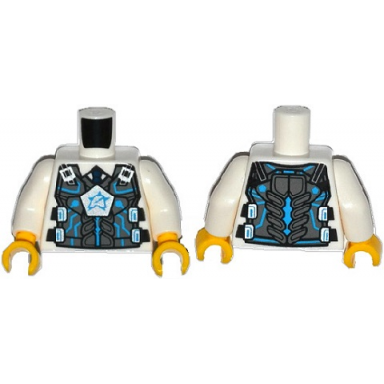 white torso body armor with dark azure ultra agents logo on silver pentagon over shirt and dark blue tie pattern white arms yellow hands