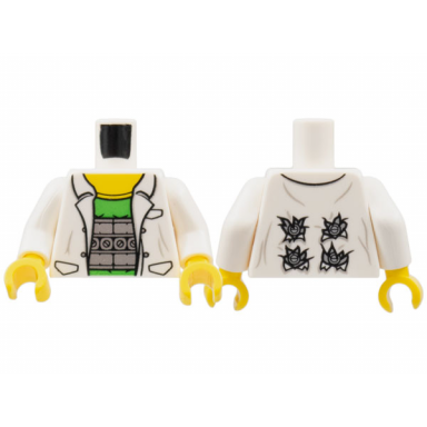 white torso lab coat with pockets over bright green shirt pattern doc ock white arms yellow hands
