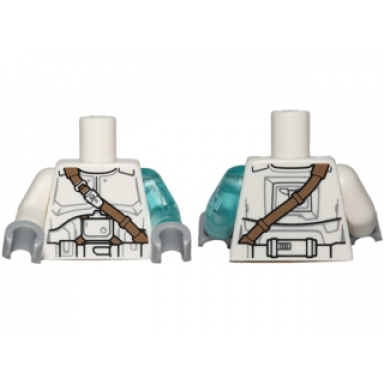 white torso sw armor clone trooper with dark tan diagonal belt pattern jek-14 trans-light blue arm left with lightning white arm right light bluish gray hands