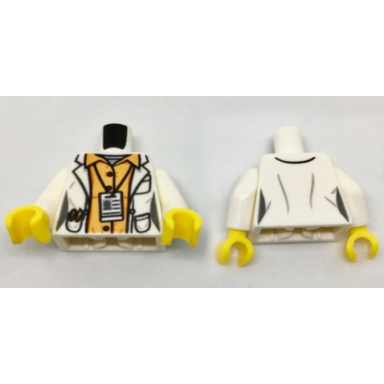 white torso lab coat with pockets and id badge over orange shirt pattern white arms yellow hands