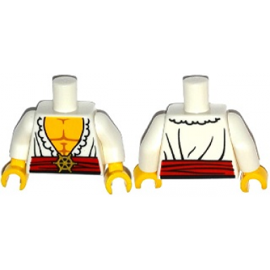 white torso open shirt with frills red waist sash and gold helm buckle pattern white arms yellow hands