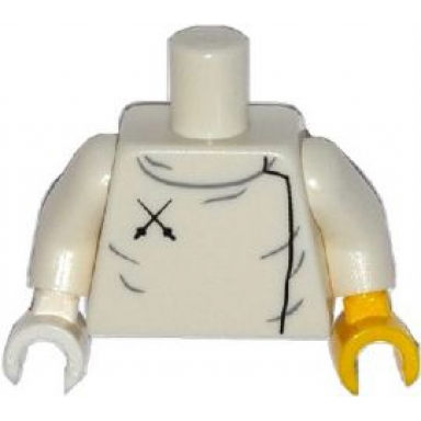 white torso fencing plastron with 2 black crossed swords pattern white arms yellow hand left white hand right