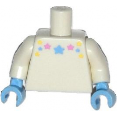 white torso with bright light blue bright light yellow and bright pink stars pattern white arms bright light blue hands