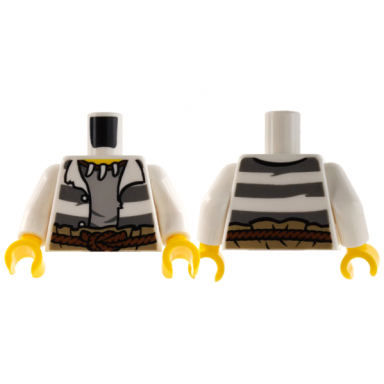 white torso town prisoner jacket open with buttons and dark bluish gray stripes over light bluish gray shirt reddish brown rope belt animal tooth claw necklace yellow neck pattern white arms yellow hands