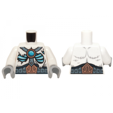 white torso fur with sand blue belt and straps copper buckle glowing bones and dark azure round jewel chi pattern white arms light bluish gray hands