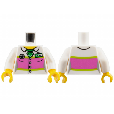white torso female blouse with buttons dark pink panel and name badge pattern white arms yellow hands