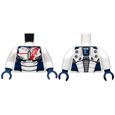 white torso dark blue armor with red avengers logo and stripe on front pattern iron legion white arms dark blue hands