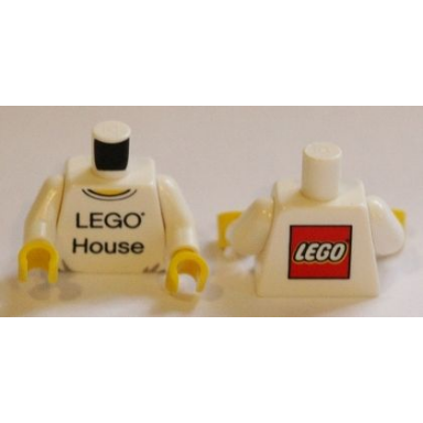 white torso lego house front and lego logo on back pattern white arms yellow hands