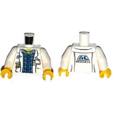 white torso lab coat with pockets and id badge over plaid shirt and lime top and ac research on back pattern white arms yellow hands
