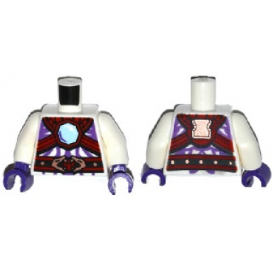 white torso ninjago snake with bright light blue gem black and red armor and belt with copper snake heads pattern white arms dark purple hands