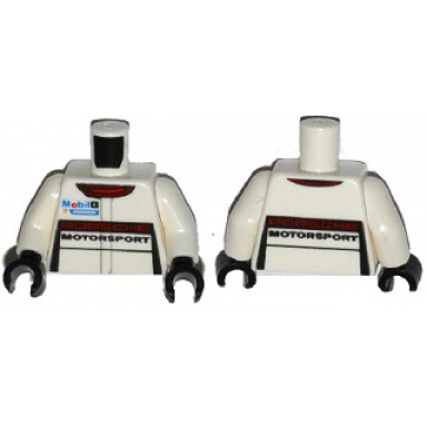 white torso racing suit with porsche motorsport mobil 1 logo and red collar pattern white arms black hands