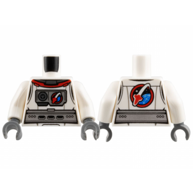 white torso spacesuit silver belt and chest piece with space shuttle logo front and back pattern white arms dark bluish gray hands