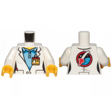 white torso female lab coat over medium blue shirt id badge on front space shuttle logo on back pattern white arms yellow hands