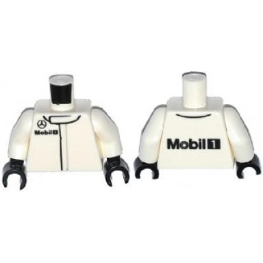 white torso speed champions with black small mercedes-benz logo and mobil 1 logo pattern white arms black hands