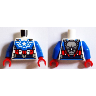white torso super hero suit with red and white belt light bluish gray armor and white star pattern sdcc captain america blue arms red hands