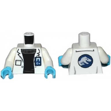 white torso lab coat with pocket and id badge over black sweater jurassic world logo on reverse pattern white arms medium azure hands