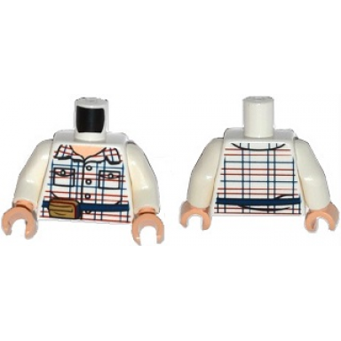 white torso red and blue box striped shirt open collar dark blue belt with pouch pattern white arms light nougat hands