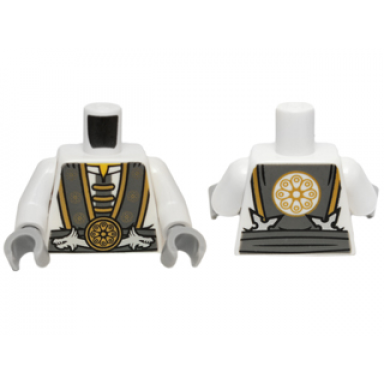 white torso ninjago robe with gray and gold trim silver dragons and gold flower symbols pattern white arms light bluish gray hands