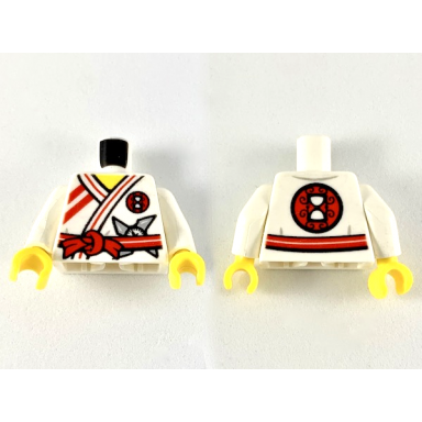 white torso ninjago robe with red sash and trim and silver shuriken throwing star pattern white arms yellow hands