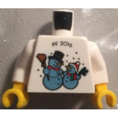 white torso kladno with pf 2016 and 2 snowmen on front lego logo on back pattern white arms yellow hands