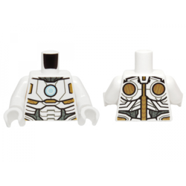 white torso armor with light blue circle and gold and white plates pattern space iron man white arms white hands