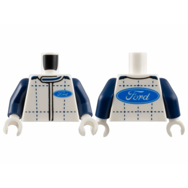 white torso racing suit with blue ford logo and dark blue stitching pattern dark blue arms white hands