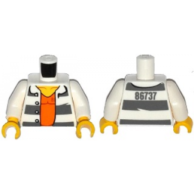 white torso town prisoner number 86737 dark bluish gray stripes orange shirt pattern white arms yellow hands